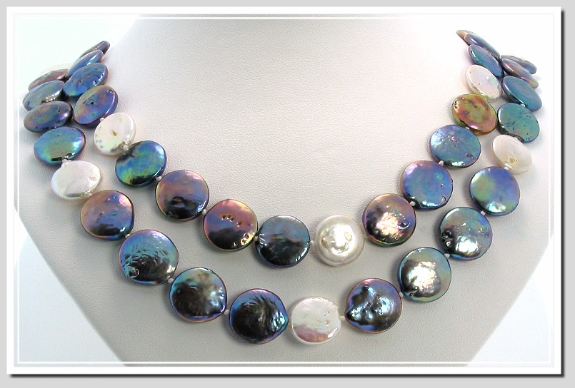 12-14MM Black White Freshwater Coin Cultured Pearl Necklace 53in & Earrings 14K 