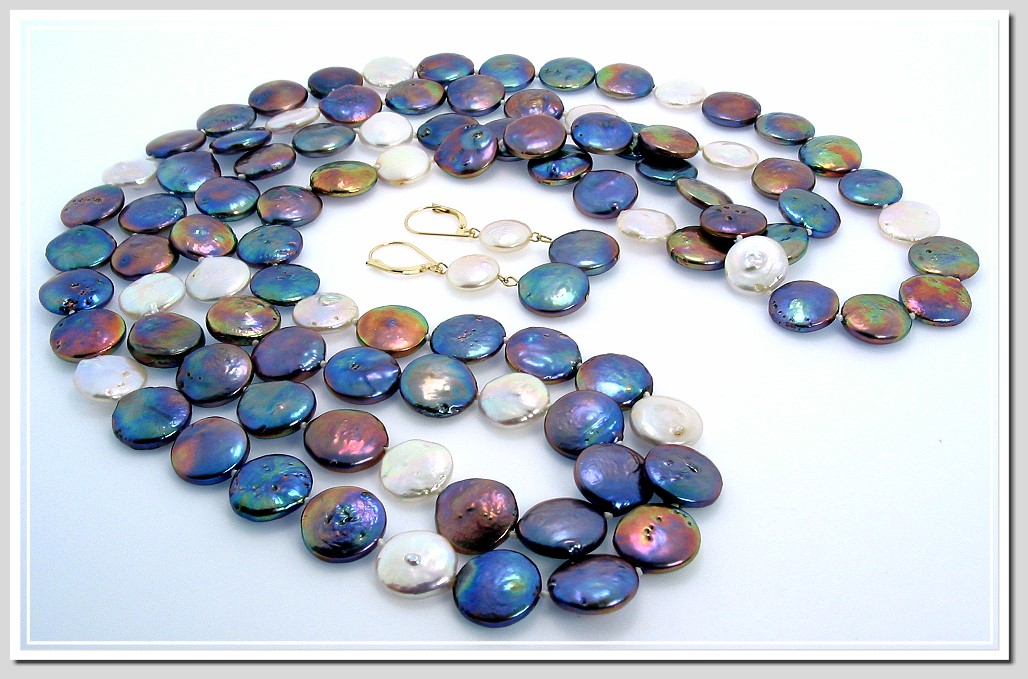 12-14MM Black White Freshwater Coin Cultured Pearl Necklace 53in & Earrings 14K 