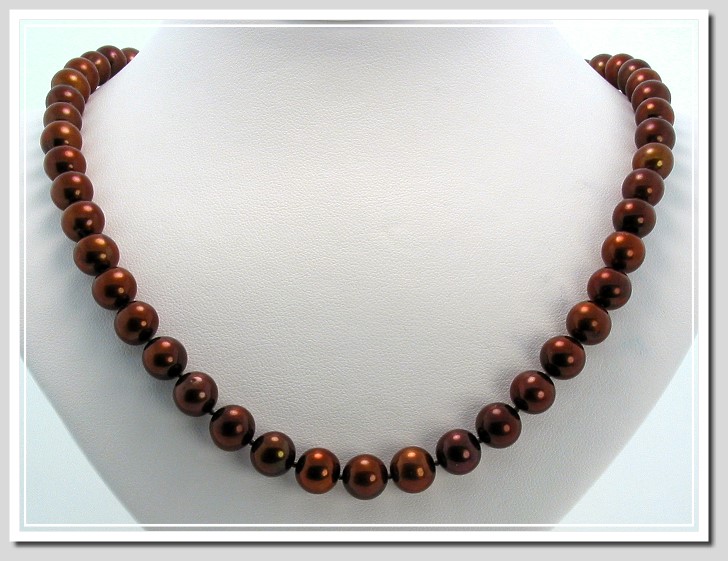 8-8.5MM Chocolate Brown Freshwater Pearl Necklace, 14K Yellow Gold 18in.