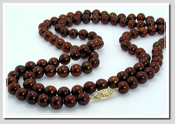 8-8.5MM Chocolate Brown Freshwater Pearl Necklace, 14K Yellow Gold 34in.