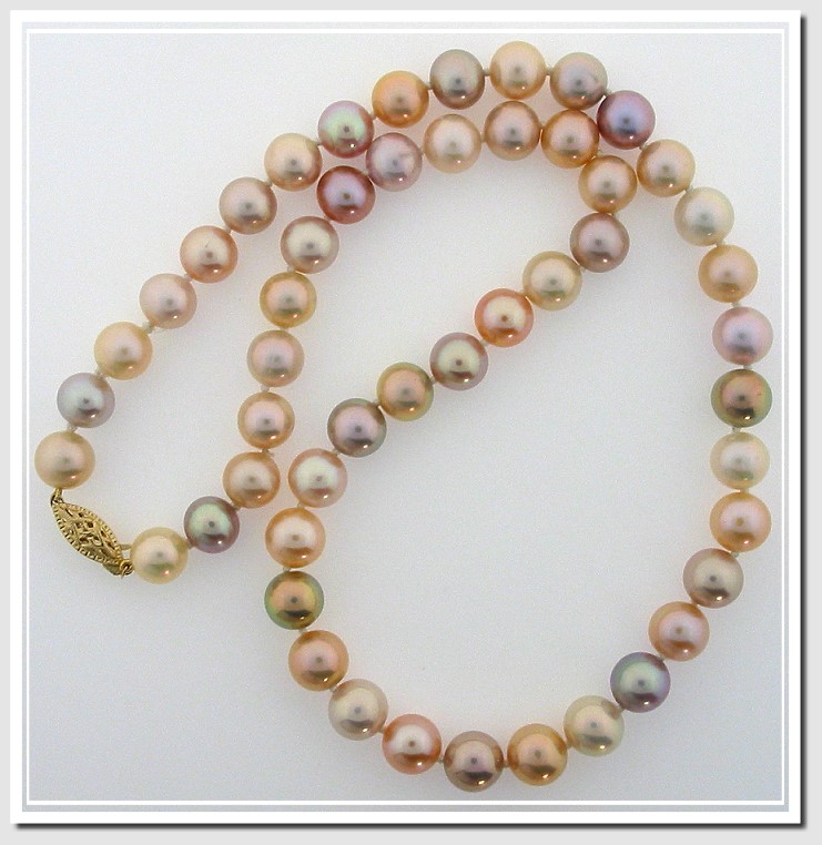 AA+ Grade 8-8.5MM Natural Multi-Color Freshwater Pearl Necklace 14K Gold 18in.