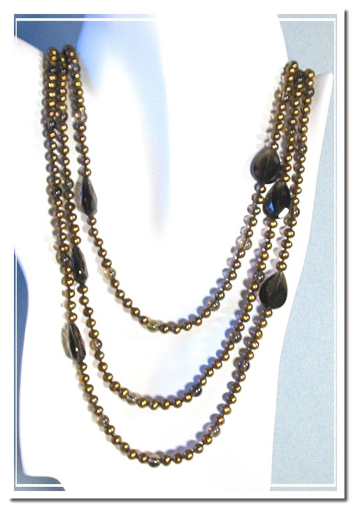 Tri Strand Chocolate Freshwater Pearl & Smoky Quartz Necklace 23-28in