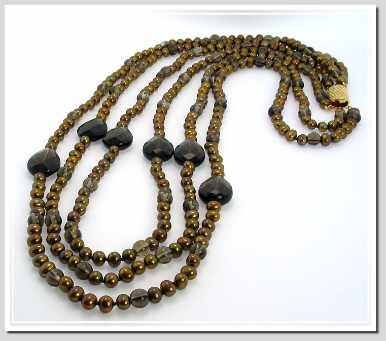 Tri Strand Chocolate Freshwater Pearl & Smoky Quartz Necklace 23-28in