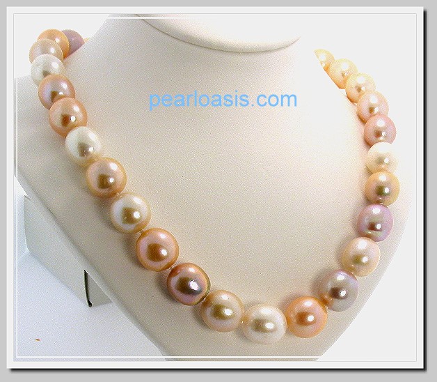 12.5MM - 14.2X15MM Multi Color Freshwater Pearl Necklace 14K Clasp 18in