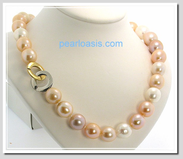 12.5MM - 14.2X15MM Multi Color Freshwater Pearl Necklace 14K Clasp 18in