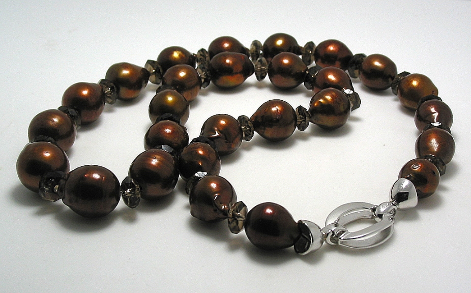 11X13MM - 13X15MM Chocolate Brown FW Pearl & Smoky Quartz Necklace Silver Clasp, 20in