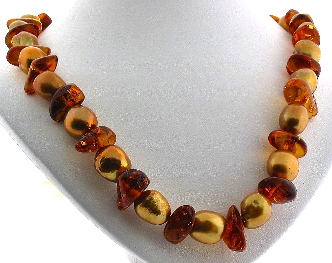 11X12MM Golden Freshwater Pearl & Amber Bead Necklace, Designer Clasp, 20in