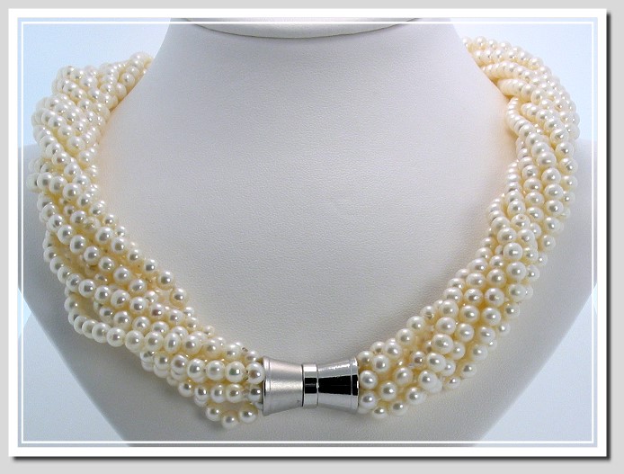 9 Strand 4-4.5MM Freshwater Pearl Twist Necklace Magnetic Clasp 17in. 