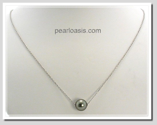8.56MM Dark Gray Tahitian Solitary Floating Pearl Necklace 14K White Gold Chain 18in