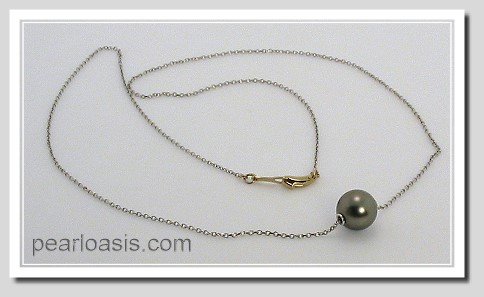 8.56MM Dark Gray Tahitian Solitary Floating Pearl Necklace 14K White Gold Chain 18in