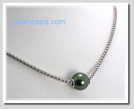 9.4MM Peacock Tahitian Pearl Solitaire Necklace Sterling Silver 18in