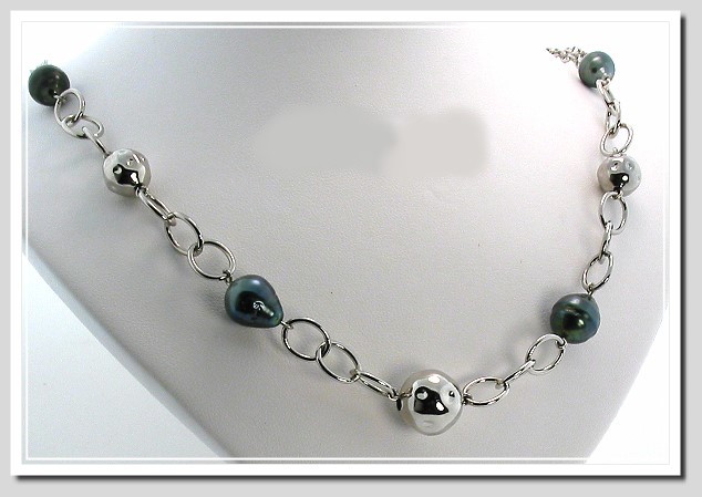 9-10MM Tahitian Pearl & Silver Bead Link Necklace Sterling Silver 21in