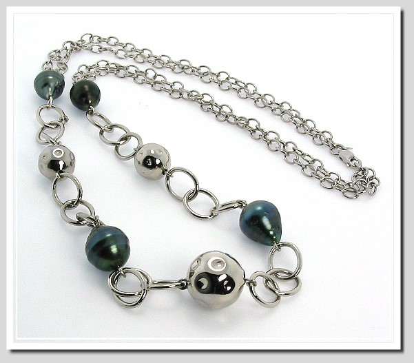 9-10MM Tahitian Pearl & Silver Bead Link Necklace Sterling Silver 21in