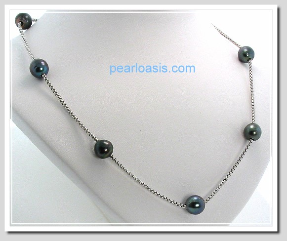 9-9.5MM Tahitian Pearl Tin Cup Necklace Sterling Silver 17in
