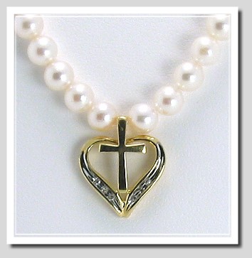 Freshwater Pearl Necklace with Diamond Heart Cross Pendant 10K Yellow Gold 16in.