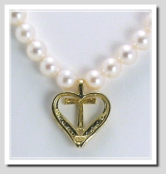 Freshwater Pearl Necklace with Diamond Heart Cross Pendant 10K Yellow Gold 16in.