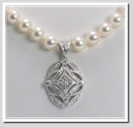 AA+ Grade 5-5.5MM   17 In. White Akoya Cultured Pearl Necklace w/Antique Style Diamond Pendant, 14K White Gold,