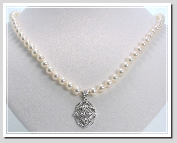 AA+ Grade 5-5.5MM   17 In. White Akoya Cultured Pearl Necklace w/Antique Style Diamond Pendant, 14K White Gold,