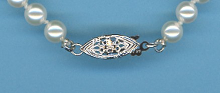 AA+ Grade 5-5.5MM   17 In. White Akoya Cultured Pearl Necklace w/Antique Style Diamond Pendant, 14K White Gold,