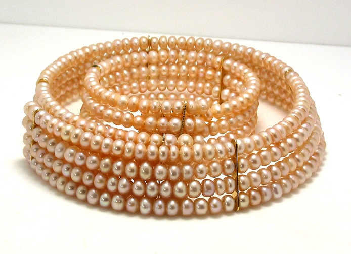 Four Row 4.5-5MM Pink Freshwater Pearl Choker & Bangle, 15in & 7in