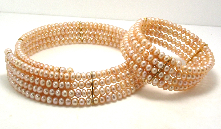 Four Row 4.5-5MM Pink Freshwater Pearl Choker & Bangle, 15in & 7in