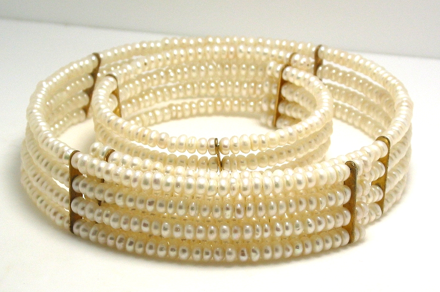 Four Row 4.5-5MM White Freshwater Pearl Choker & Bangle, 15in & 7in