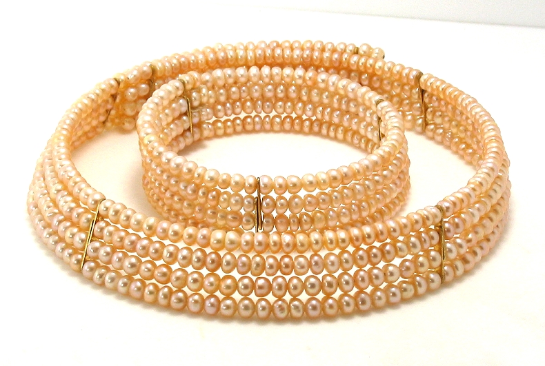 Four Row 3.5-4MM Peach/Pink Freshwater Pearl Choker & Bangle, 15in & 7in
