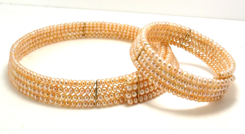 Four Row 3.5-4MM Peach/Pink Freshwater Pearl Choker & Bangle, 15in & 7in