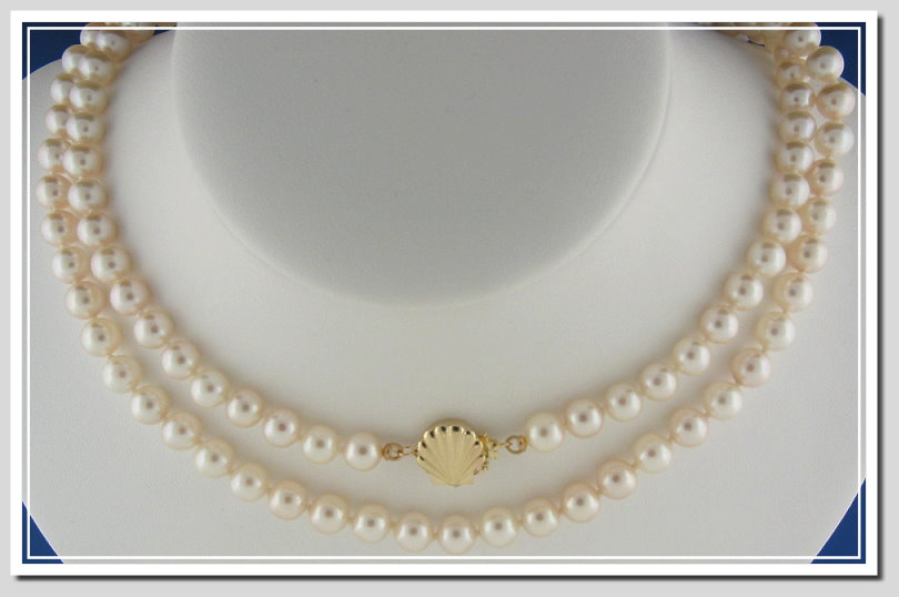 6-6.5MM Chinese Akoya Cultured Pearl Necklace w/14K Sea Shell Clasp 32in