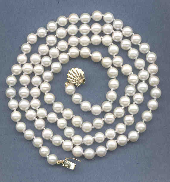 6-6.5MM Chinese Akoya Cultured Pearl Necklace w/14K Sea Shell Clasp 32in