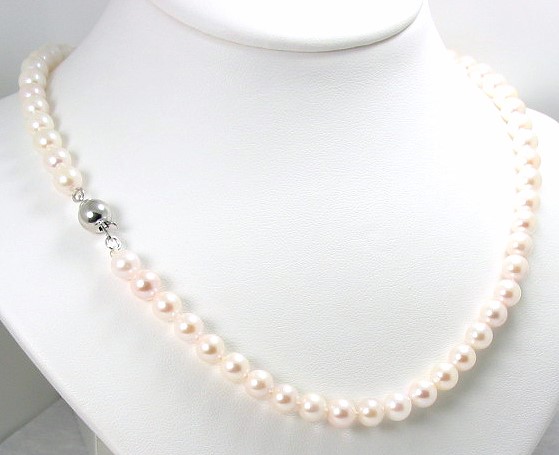 AA 6-6.5MM White Chinese Akoya Cultured Pearl Necklace; Silver Clasp; 18in