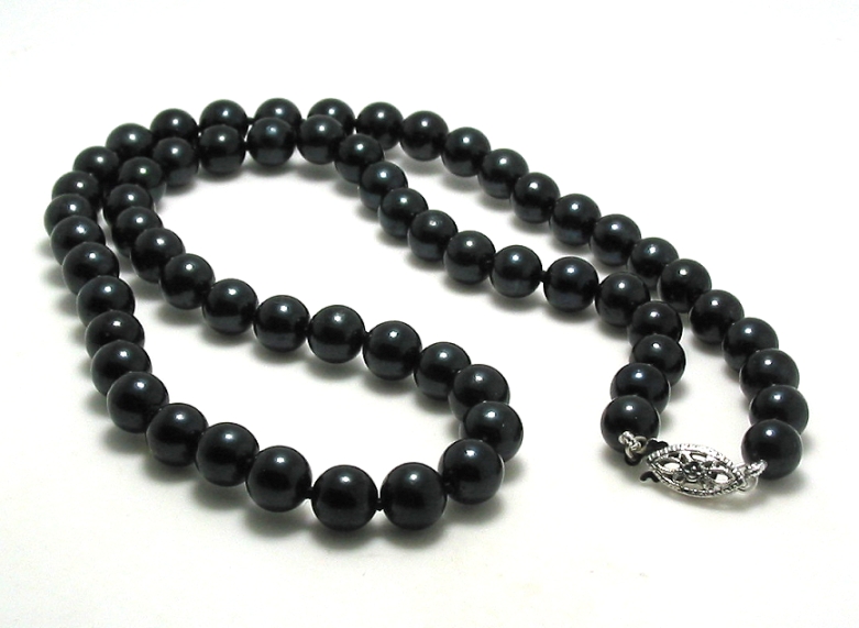 AA+ Grade 6.5-7MM Black Chinese Akoya Cultured Pearl Necklace, 14K White Gold Clasp, 18In. 