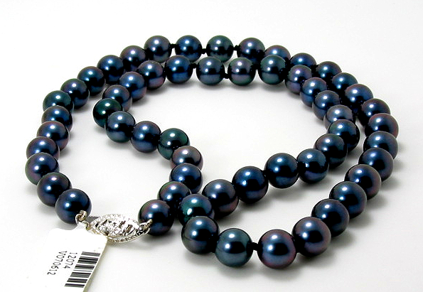 AA+ 7-7.5MM Black Akoya Pearl Necklace 14K White Gold Clasp 18in