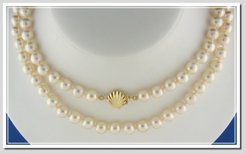 AA Grade 7-7.5MM White Japanese Akoya Cultured Pearl Necklace w/14K Sea Shell Clasp 32In. 