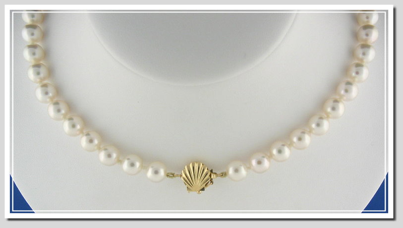 AA Grade 7.5-8MM Japanese Akoya Cultured Pearl Necklace w/14K Seashell Clasp, 18 In.