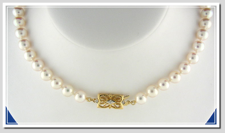 AAAA Grade 7.5-8MM White Japanese Akoya Cultured Pearl Necklace w/18K Yellow Gold Antique Style Diamond Clasp, 20 In.