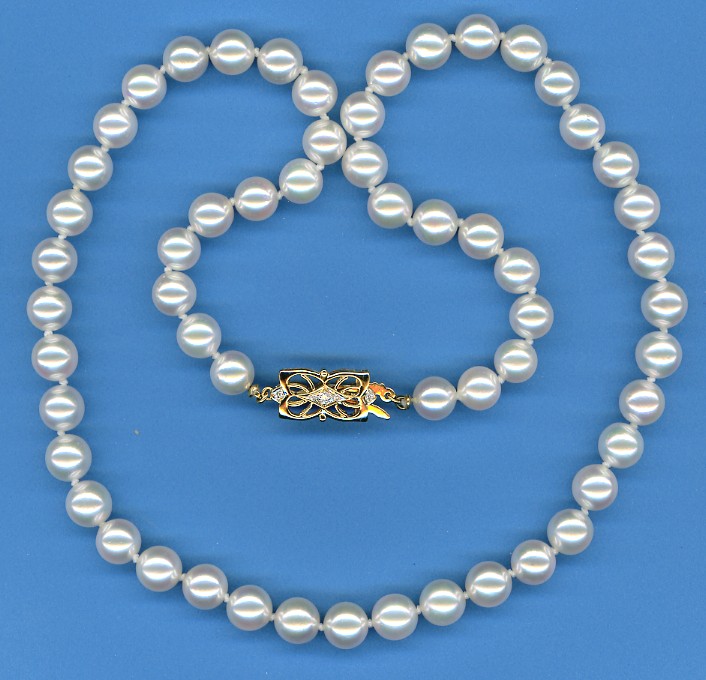 AAAA Grade 7.5-8MM White Japanese Akoya Cultured Pearl Necklace w/18K Yellow Gold Antique Style Diamond Clasp, 20 In.