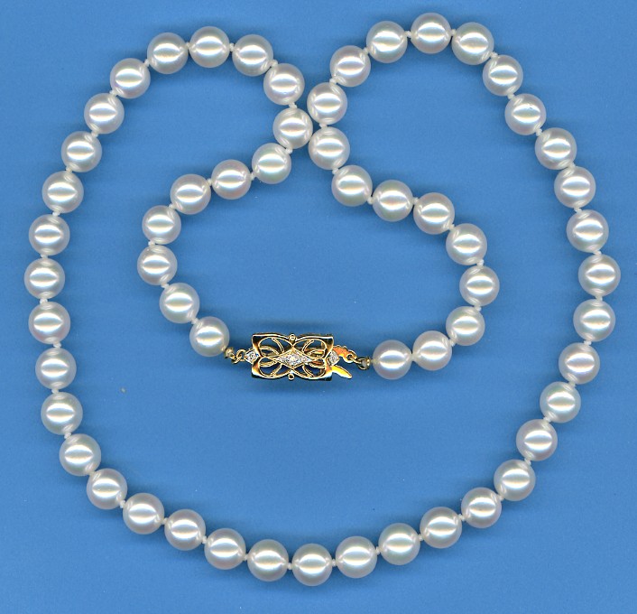 AAAA Grade 7.5-8MM White Japanese Akoya Cultured Pearl Necklace w/18K Yellow Gold Antique Style Diamond Clasp, 20 In.