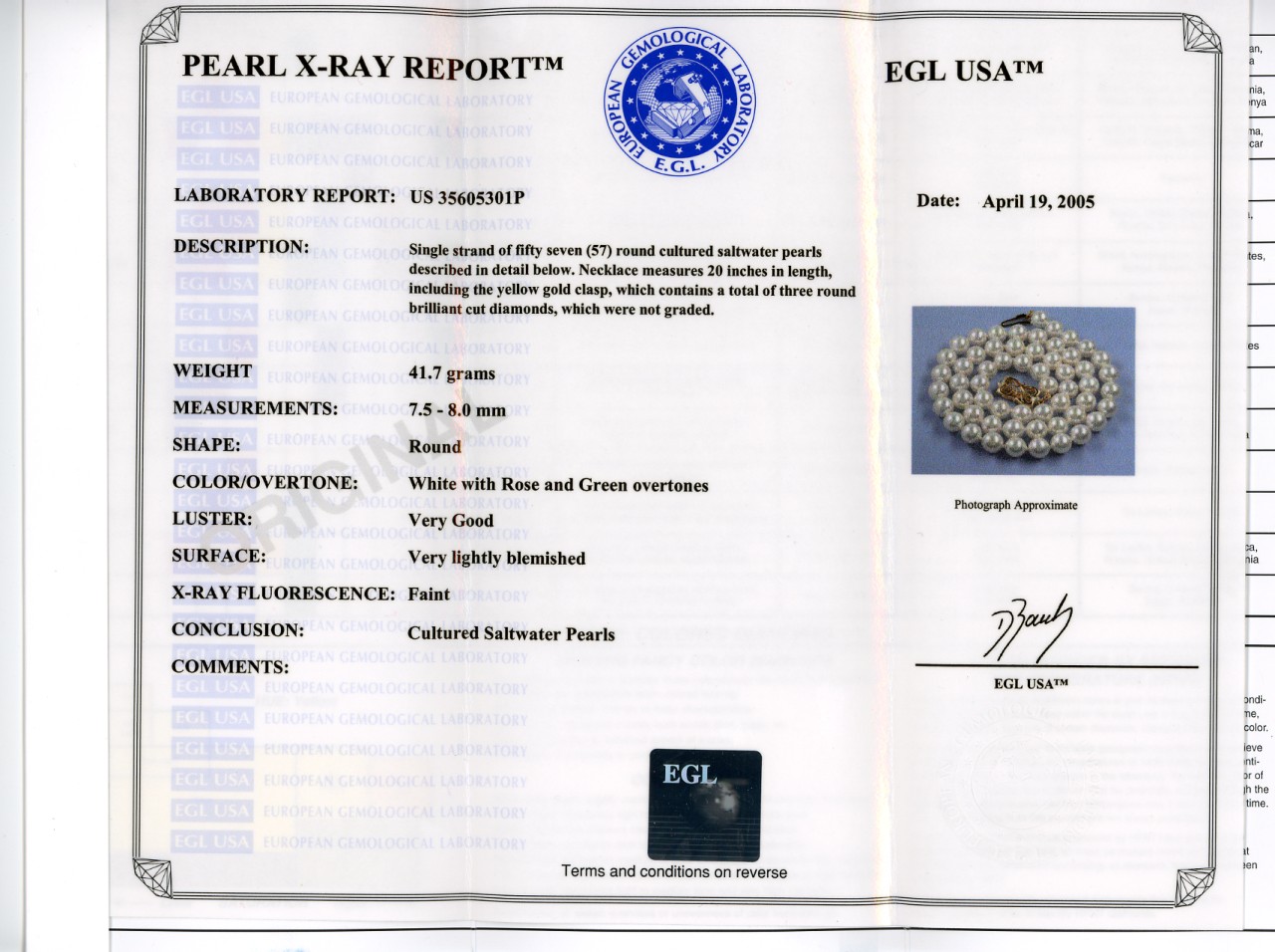 AAAA Grade 7.5-8MM White Japanese Akoya Cultured Pearl Necklace w/18K Yellow Gold Antique Style Diamond Clasp, 20 In.