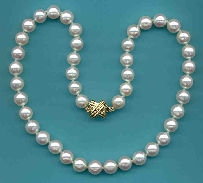 AA Grade 8-8.5MM White Japanese Akoya Cultured Pearl Necklace w/18K XO Style Clasp, 16 In. 