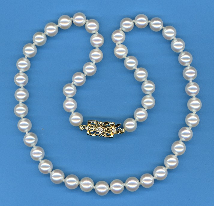 AAAA Grade 8-8.5MM White Japanese Akoya Cultured Pearl Necklace w/18K Antique Style Diamond Clasp, 18 In.