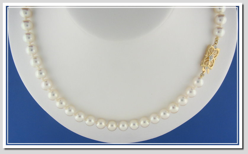AAAA Grade 8-8.5MM Japanese Akoya Cultured Pearl Necklace 18K Diamond Clasp 24in
