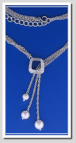 Pearl Tassel Style Tri Strand Necklace. Akoya Pearls & White Zircons. 925 Silver