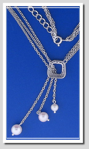 Pearl Tassel Style Tri Strand Necklace. Akoya Pearls & White Zircons. 925 Silver