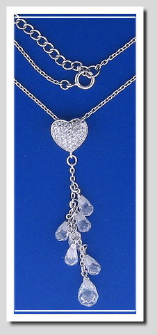 Heart Tassel Pendant with Chain. White Zircons & Crystal. 925 Silver