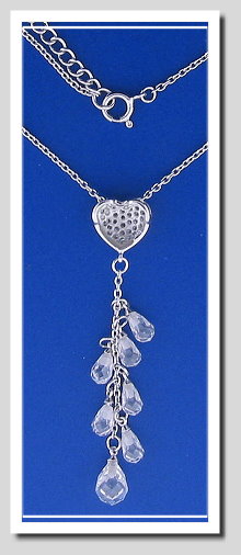Heart Tassel Pendant with Chain. White Zircons & Crystal. 925 Silver