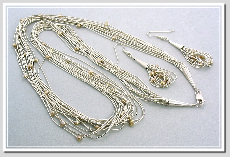 20 Strand Silver Necklace w/Earrings, Fresh Water Cultured Pearls, 3-4MM, 24 In.