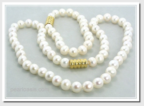 8-9MM White Freshwater Pearl Necklace/Bracelet Set Magnetic Clasp 7+18in