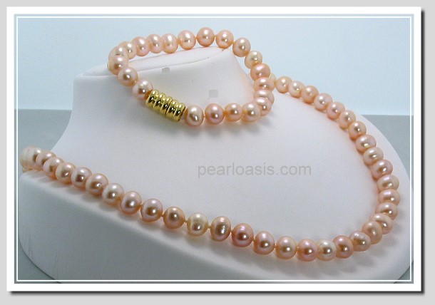 8-9MM Pink Freshwater Pearl Necklace/Bracelet Set Magnetic Clasp 7+18in