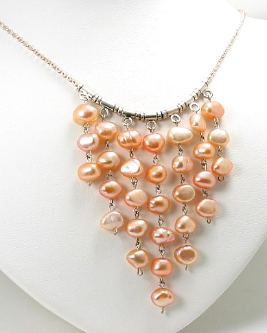 6X7MM Pink Freshwater Pearl Dangle Necklace 16in Sterling Silver